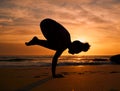 Yoga, silhouette or crows pose on sunset beach, ocean or sea for evening exercise, workout or relax training. Yogi Royalty Free Stock Photo