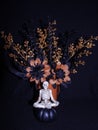 Yoga skeleton PEACE Halloween color flower decorations in orange vase orange and black flowers