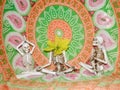 Yoga skeleton poses, meditation, orange/green tapestry,