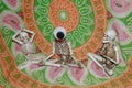 Yoga skeleton poses, meditation, orange/green tapestry,