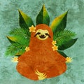 Yoga sloth with tropic plants grunge