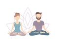 Vector illustration of a meditating couple with a Lotus flower background. Royalty Free Stock Photo