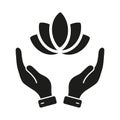 Yoga and SPA Solid Symbol. Meditation, Lotus and Hands Silhouette Icon. Medical Clinic, Beauty Simple Sign. Human Hands