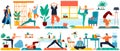 Yoga sport exercises for man, woman, pregnant and eldery set of vector illustration of people doing yoga meditation and