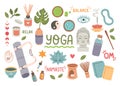 Yoga stickers set. Hand drawn elements set aroma sticks, mat, block. Vector flat. Collection of yoga stuff, equipment. Royalty Free Stock Photo