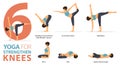 6 Yoga poses or asana posture for workout in Strengthen the Knees concept. Women exercising for body stretching. Fitness Vector.