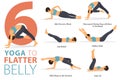 6 Yoga poses or asana posture for workout in Flatter Belly concept. Women exercising for body stretching. Fitness infographic.