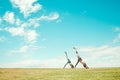 Yoga, stretching and women training on a field for spiritual wellness, freedom and zen together in nature. Friends doing Royalty Free Stock Photo