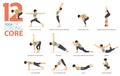 12 Yoga poses or asana posture for workout in strong core concept. Women exercising for body stretching. Fitness infographic. Royalty Free Stock Photo