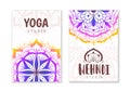 Yoga studio cards. Indian practices banner with oriental mandala patterns. Decorative ethnic fractals and floral