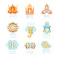 Yoga studio labels set, stylized famous spiritual Indian symbols, colorful vector Illustrations