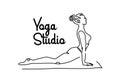 Yoga studio simple vector signboard, poster, banner. One continuous line drawing illustration of woman in upward facing Royalty Free Stock Photo