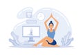 Yoga studios streaming online classes. Girl watching online sport tutorials