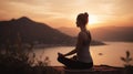 Yoga At Sunset - Woman In Meditation - Focus On Foreground, generative ai