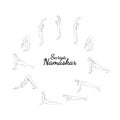 Yoga surya namaskar sequence. Sun salutating woman, morning yoga flow with all steps. Vector illustration Royalty Free Stock Photo