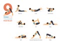 9 Yoga poses or asana posture for workout in tailbone pain relief concept. Women exercising body stretching. Fitness infographic.