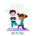 Yoga Time! Kids Yoga Design Concept. Girl and Boy In Yoga Position Vector Illustration.