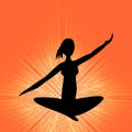 Yoga training banner with black girl silhouette in lotus position on orange background with rays Royalty Free Stock Photo