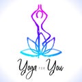 Yoga tree pose, lotus flower, hand drawn yoga love stylized vector icon logo for school, center, class. Figure sitting in a tree Royalty Free Stock Photo