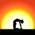 Yoga ustrasana pose black silhouette on sunset background. Woman character meditating in nature during sunrise, dawn. Royalty Free Stock Photo