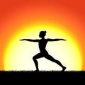 Yoga virabhadraasana pose black silhouette on sunset background. Woman character meditating in nature. Royalty Free Stock Photo