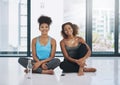 Yoga is a way of life. Full length portrait of two young women after yoga class. Royalty Free Stock Photo