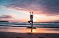 Yoga woman beach sunset energy. Generate Ai