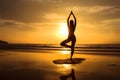 Yoga woman beach sunset. Generate Ai