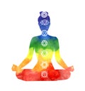 Yoga woman with chakra symbols. Royalty Free Stock Photo