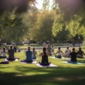 Yoga woman on green grass. big group of adults attending a yoga class outside in park Yoga at park. Senior family couple