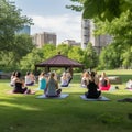 Yoga woman on green grass. big group of adults attending a yoga class outside in park Yoga at park. Senior family couple Royalty Free Stock Photo