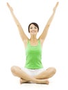 Yoga Woman, Happy Female Open Hands Raised Up, Lotus Pose