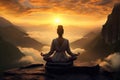 yoga woman meditating in lotus position on mountain peak during sunrise, A female meditating on top of a mountain with a beautiful Royalty Free Stock Photo