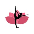 Yoga Woman Silhouette, Pink Lotus Flower Background Logo Design