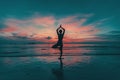 Yoga Woman Silhouette On Sea Coast.