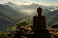 Yoga woman sitting on top of a mountain at sunrise. Mountains in the fog. Meditation. Generative Ai Royalty Free Stock Photo