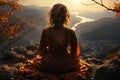Yoga woman sitting on top of a mountain at sunrise. Mountains in the fog. Meditation. Generative Ai Royalty Free Stock Photo