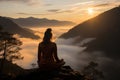 Yoga woman sitting on top of a mountain at sunrise. Mountains in the fog. Meditation. Generative Ai Royalty Free Stock Photo