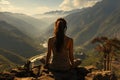 Yoga woman sitting on top of a mountain at sunrise. Mountains in the fog. Meditation. Generative Ai Royalty Free Stock Photo