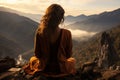 Yoga woman sitting on top of a mountain at sunrise. Mountains in the fog. Meditation. Generative Ai Royalty Free Stock Photo