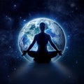 Yoga woman on the world. Meditation girl on planet earth Royalty Free Stock Photo