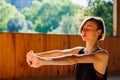 yoga woman. young girl is doing yoga. does yoga. girl doing exercise in yoga class