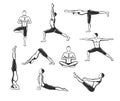 Yoga Workout. Silhouettes of a Man in Tree, Sirsasana, Boat, Warrior one, two, three, downwards and upwards facing dog, lotus Pose Royalty Free Stock Photo