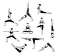 Yoga Workout. Silhouettes of a woman in Tree, Sirsasana, Boat, Warrior one, two, three, downwards and upwards facing dog, lotus