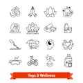 Yoga workout and wellness program. Icons set