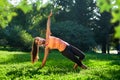 Yoga. Young woman practicing yoga or dancing or stretching in nature at park. Health lifestyle concept