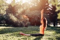 Yoga. Young woman practicing yoga or dancing or stretching in nature at park. Health lifestyle concept