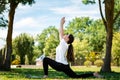 Yoga. A young woman in sports clothes, performs the pose of a warrior, working out in the Park on the grass. Side view. The Royalty Free Stock Photo