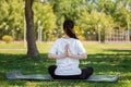 Yoga. A young woman in sports clothes, sitting performs an exercise, doing yoga in the Park on the grass. Rear view. Concept of a Royalty Free Stock Photo