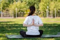 Yoga. A young woman in sports clothes, sitting performs an exercise, doing yoga in the Park on the grass. Rear view. Copy space. Royalty Free Stock Photo